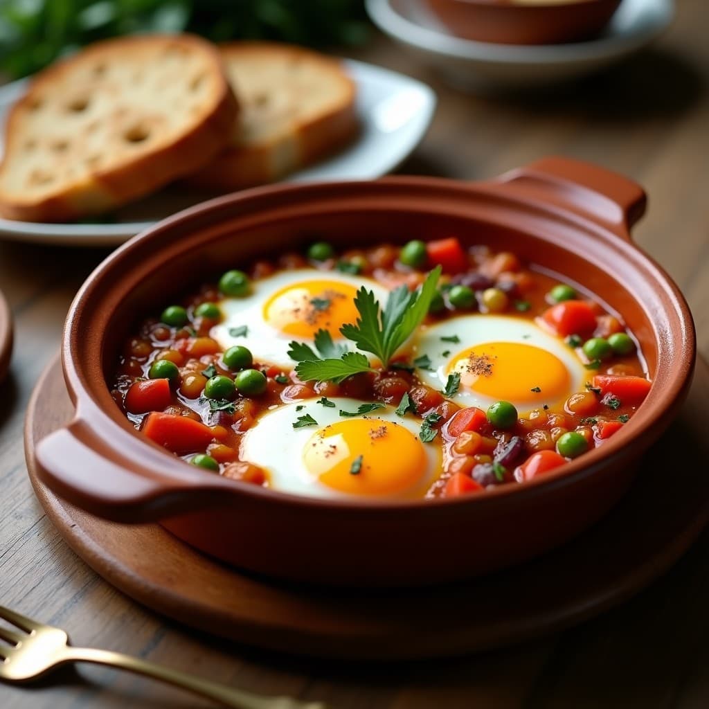 Cazuela de barro humeante con huevos a la flamenca, yemas líquidas sobre una base de pimientos asados, tomate y guisantes, espolvoreados con polvo de hongos chaga y perejil fresco, receta española con superalimento.