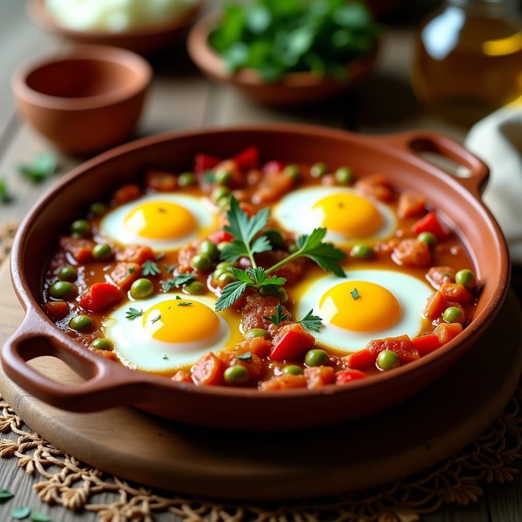 Cazuela de barro con huevos a la flamenca, pimientos asados rojos y verdes en trozos, guisantes y huevos cocinados al vapor con yema líquida. Decorado con perejil fresco y un hilo de aceite de oliva. Receta tradicional andaluza en Thermomix.