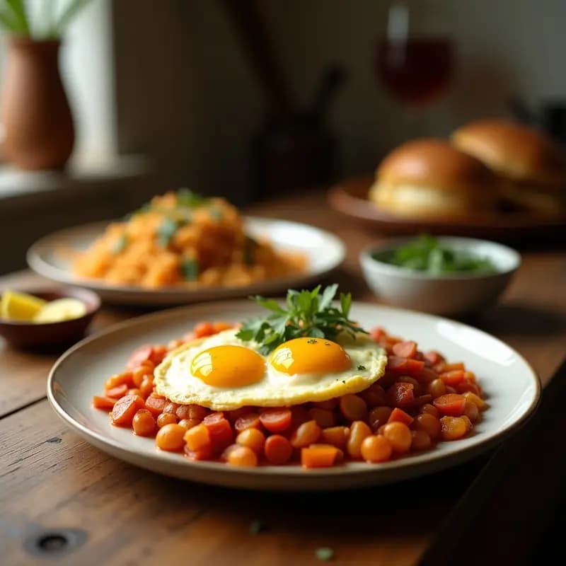 Olla express abierta con huevos a la flamenca: huevos escalfados sobre una base de pollo en salsa de tomate, cebolla y pimiento, decorados con piñones dorados. Acompañados de rebanadas de pan integral tostado. Plato tradicional andaluz humeante y apetitoso.