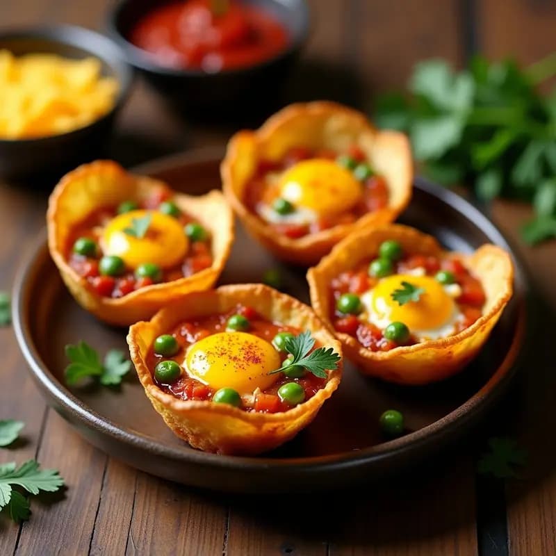 Vasitos dorados y crujientes de chips de patata rellenos de huevo a la flamenca con yema líquida, sofrito de chorizo, pimiento y guisantes, espolvoreados con queso manchego y perejil. Plato tradicional español reinventado en versión moderna y viral para Airfryer.