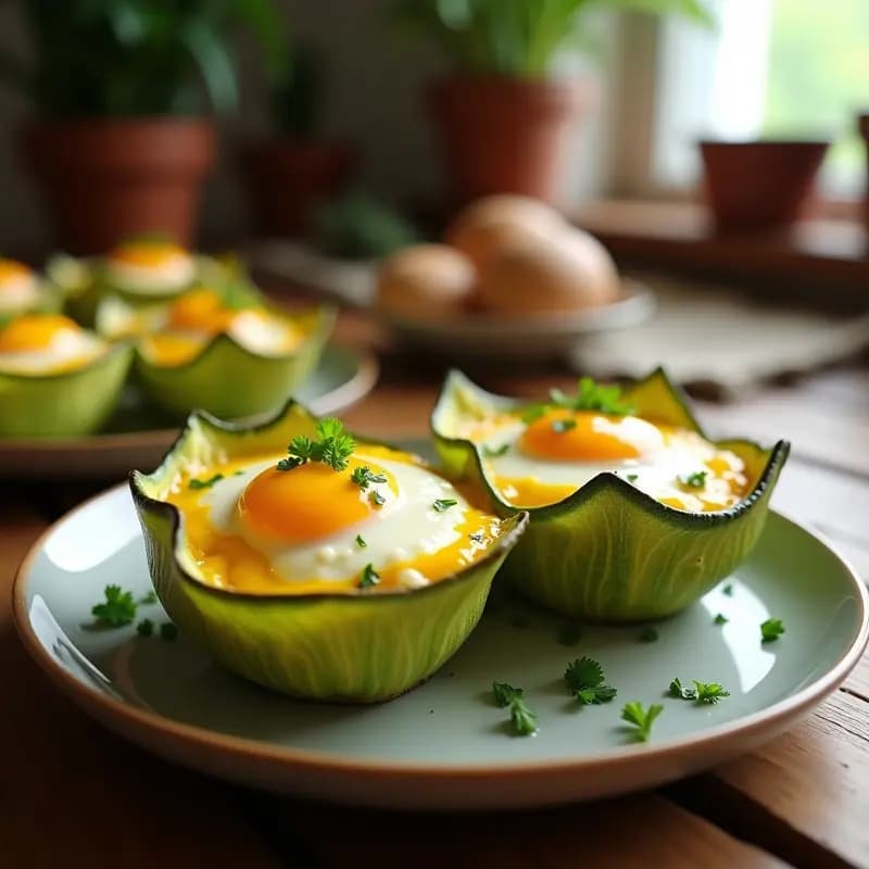 Dos huevos en nido de espaguetis de calabacín con queso fundido dorado en moldes de silicona, decorados con perejil fresco, receta keto para airfryer con textura crujiente y cremosa.