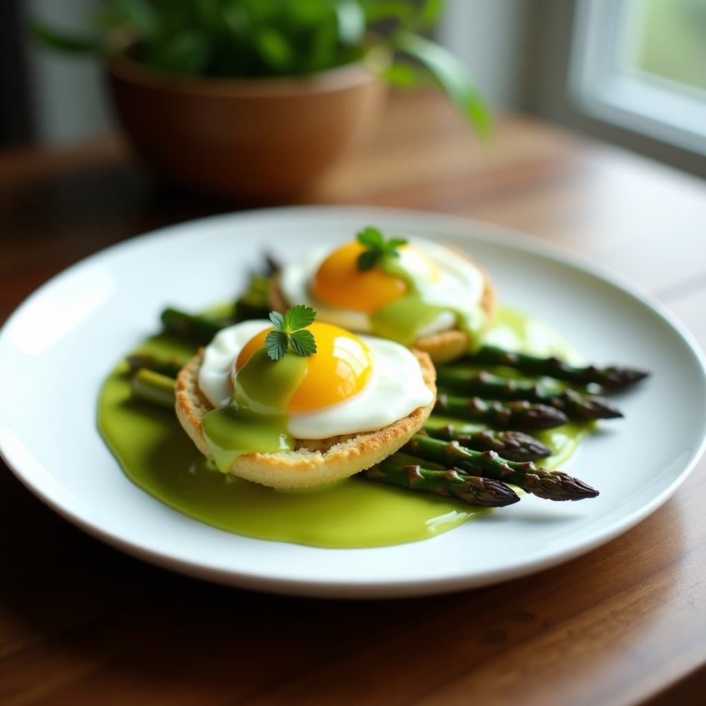 Plato blanco con huevos al nido sobre un lecho de espárragos trigueros asados, bañados con salsa hollandaise de aguacate cremosa y verde, decorado con perejil fresco. Desayuno keto sin lácteos elegante y nutritivo.