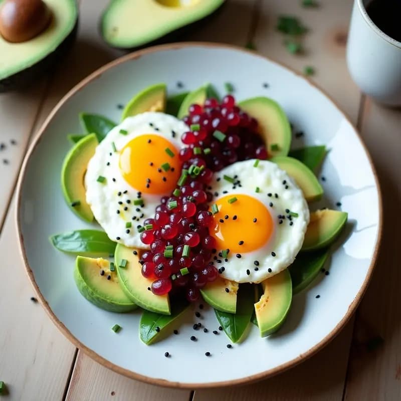 Plato blanco con dos huevos a la nube esponjosos en Airfryer, yema dorada y jugosa, acompañados de aguacate en abanico y caviar de remolacha rosa en puntos decorativos. Decorado con cebollino fresco y pimienta negra, sobre fondo rústico.