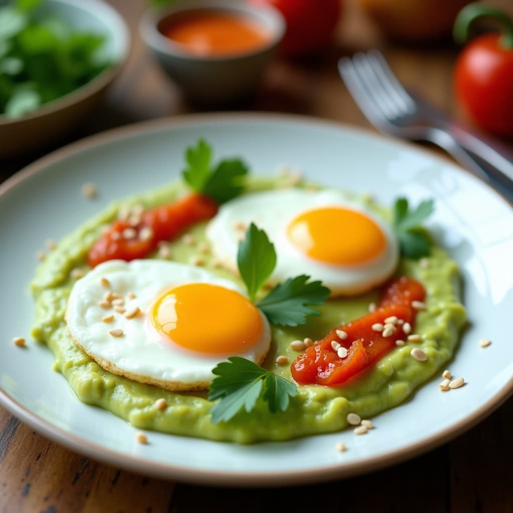 Plato blanco con huevos poché sobre un puré verde cremoso de aguacate, decorado con picante de habanero naranja, cilantro fresco y semillas de sésamo. Brunch mexicano colorido y apetitoso.
