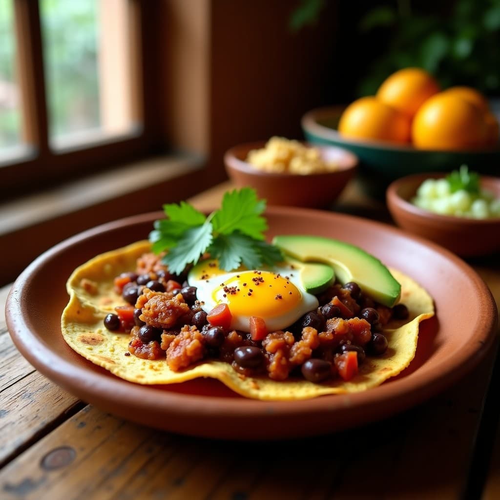 Plato de huevos rancheros veganos con tofu revuelto dorado sobre tortillas de maíz, cubiertos con salsa espesa de frijoles negros, aguacate en rodajas y cilantro fresco. Receta mexicana vegana rápida y alta en proteína.