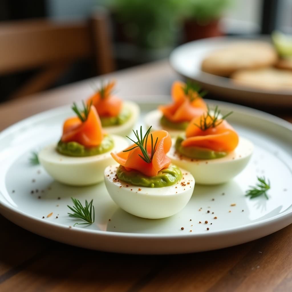 Plato blanco con cuatro huevos rellenos de aguacate y salmón ahumado, decorados con eneldo fresco y cebollino, sobre fondo rústico de madera. Receta de desayuno alta en proteína y keto.