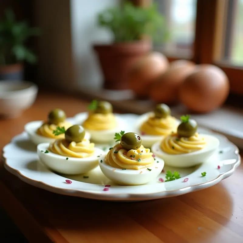Plato blanco con seis huevos rellenos de atún y mayonesa, decorados con aceitunas verdes y perejil fresco, dispuestos en círculo sobre una mesa rústica de madera con fondo borroso de cocina tradicional española.