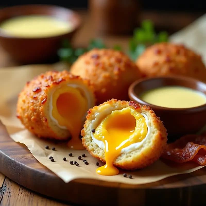 Huevos rellenos de bacon y queso con salsa holandesa en bandeja de madera, dorados y crujientes por fuera, con queso fundido asomando y salsa cremosa vertida por encima, servidos sobre papel de horno.