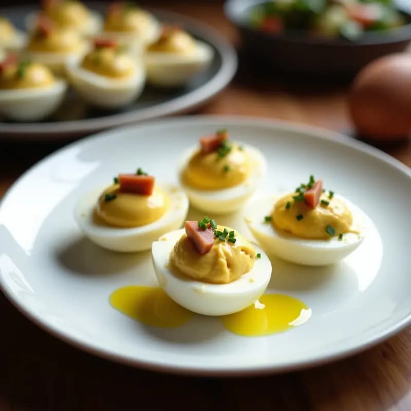 Plato blanco con seis huevos rellenos de ventresca de atún, decorados con cebollino fresco y un hilo de aceite de oliva, sobre fondo rústico de madera.