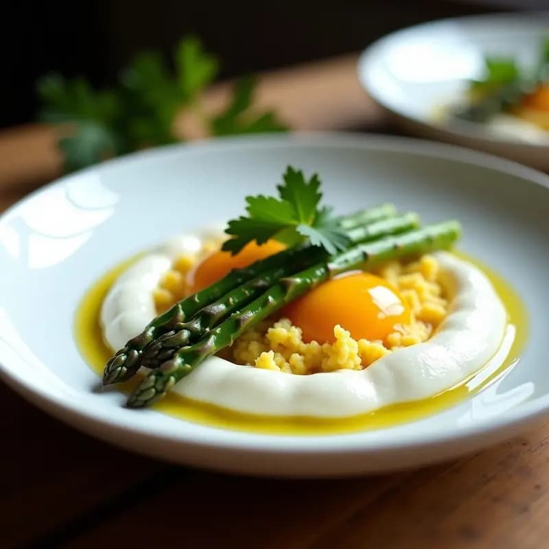 Plato hondo blanco con huevos revueltos en nube de espuma esponjosa y alta, coronada por yemas líquidas, espárragos trigueros verdes salteados y un toque de polvo de hongos chaga oscuro. Receta de huevos revueltos con polvo de hongos chaga y espárragos trigueros en nube de espuma, servida con estilo gourmet y lista para fotografiar.