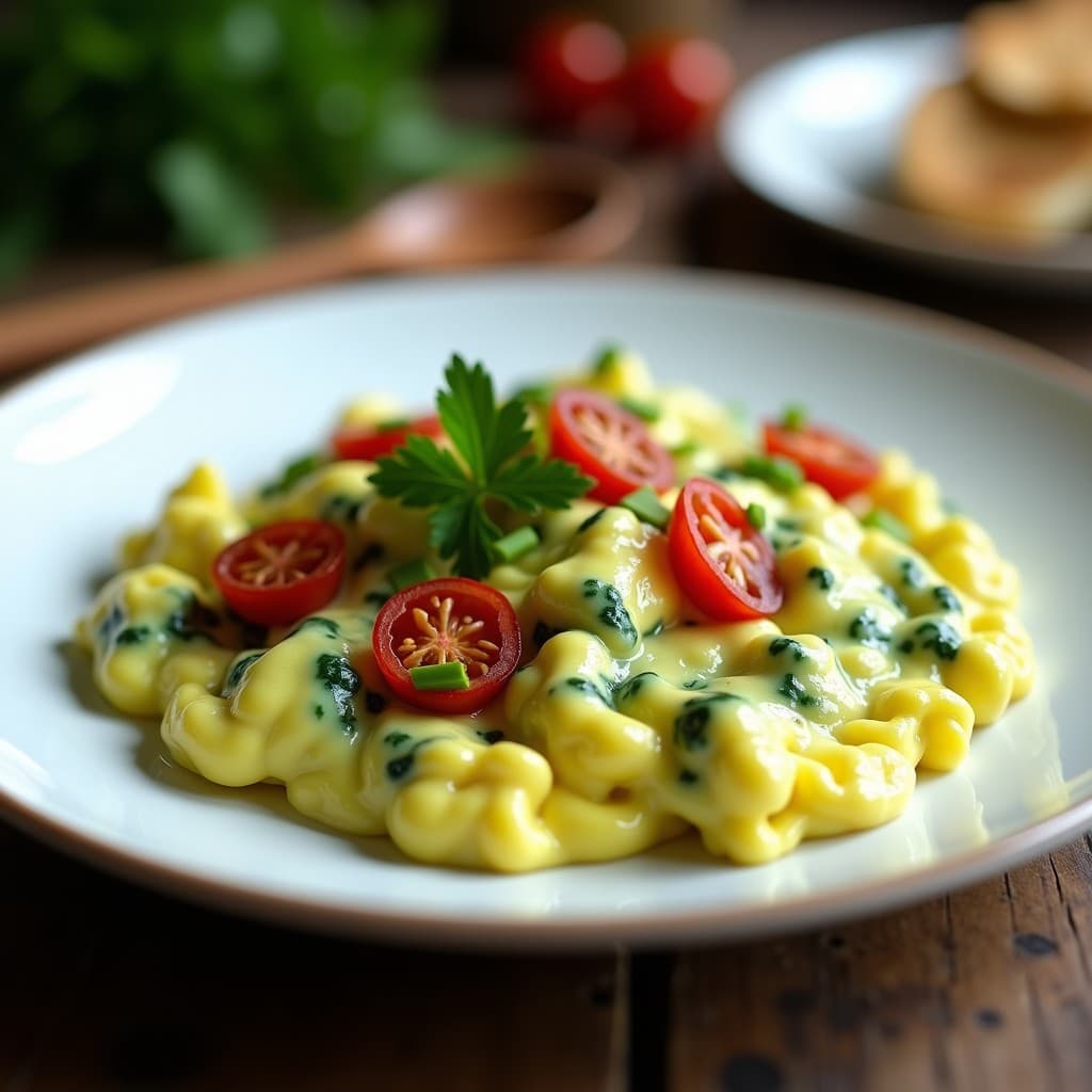 Plato blanco con huevos revueltos de color verde azulado por la espirulina, mezclados con tiras de tomates secos y perejil fresco. Desayuno alto en proteína y sin gluten, servido con una cucharita de madera.