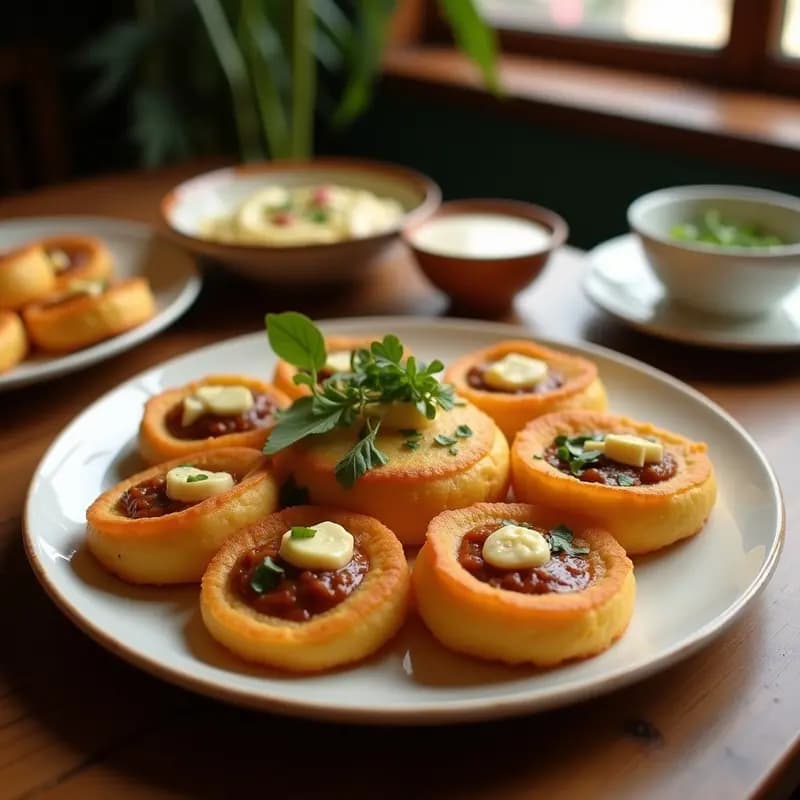 Humitas fritas doradas y crujientes rellenas de carne molida y queso derretido, servidas en un plato de madera rústico con salsa de ají al lado. Receta colombiana de humitas fritas rellenas de carne molida y queso.