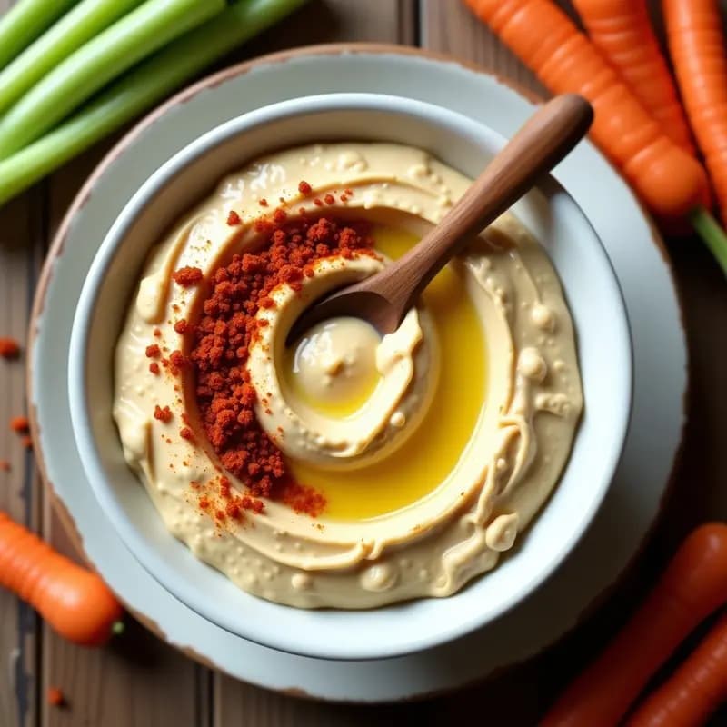 Bol de cerámica blanca con hummus de almendras cremoso, decorado con pimentón de la Vera espolvoreado y un hilo de aceite de oliva. Acompañado de bastones de zanahoria y apio, sobre fondo rústico de madera.