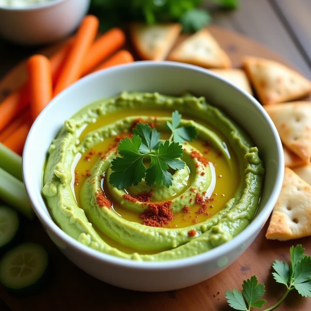 Bol de cerámica blanca con hummus de edamame y cilantro de color verde claro, decorado con hojas de cilantro fresco, pimentón ahumado y un hilo de aceite de oliva. Acompañado de bastones de zanahoria, pepino y pan de pita integral en un fondo rústico de madera.