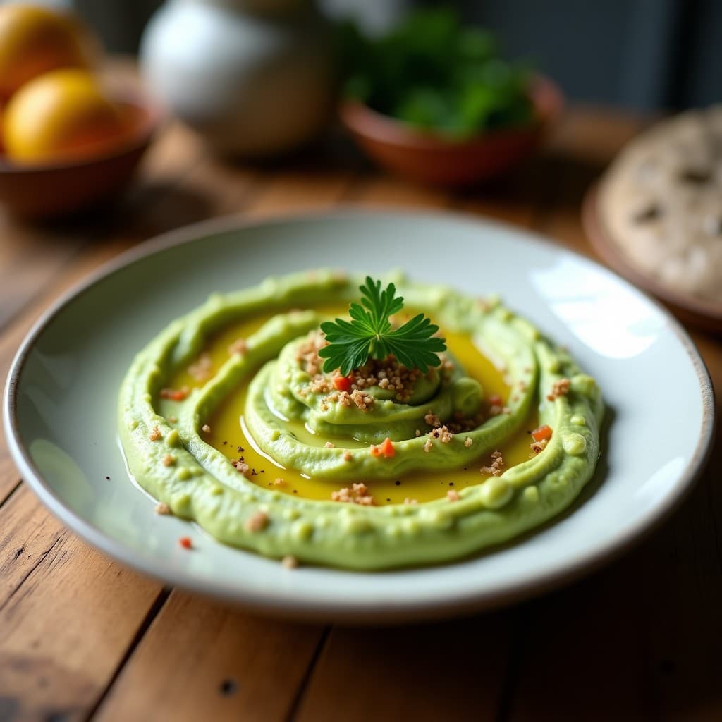 Bol de cerámica blanca con hummus de edamame con wasabi, de color verde vibrante, decorado con semillas de sésamo negro y cebollino picado. Acompañado de bastones de apio y crackers integrales sobre una tabla de madera rústica.