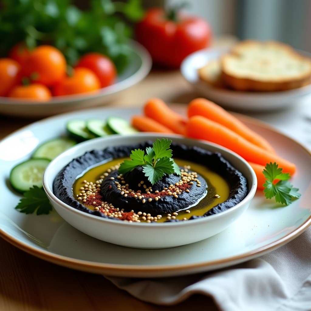 Bol de cerámica blanca con hummus de garbanzos negros cremoso, decorado con aceite de oliva virgen extra, semillas de sésamo tostadas, hojas de cilantro fresco y pimentón dulce. Acompañado de bastones de zanahoria y pan sin gluten tostado en segundo plano.