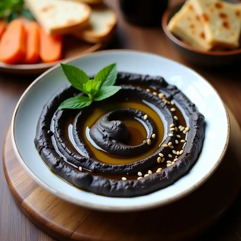 Bol de cerámica blanca con hummus de garbanzos negros cremoso, decorado con hilo de aceite de trufa negra, semillas de sésamo tostadas y hojas de menta fresca. Acompañado de pan de pita y bastones de zanahoria en segundo plano.