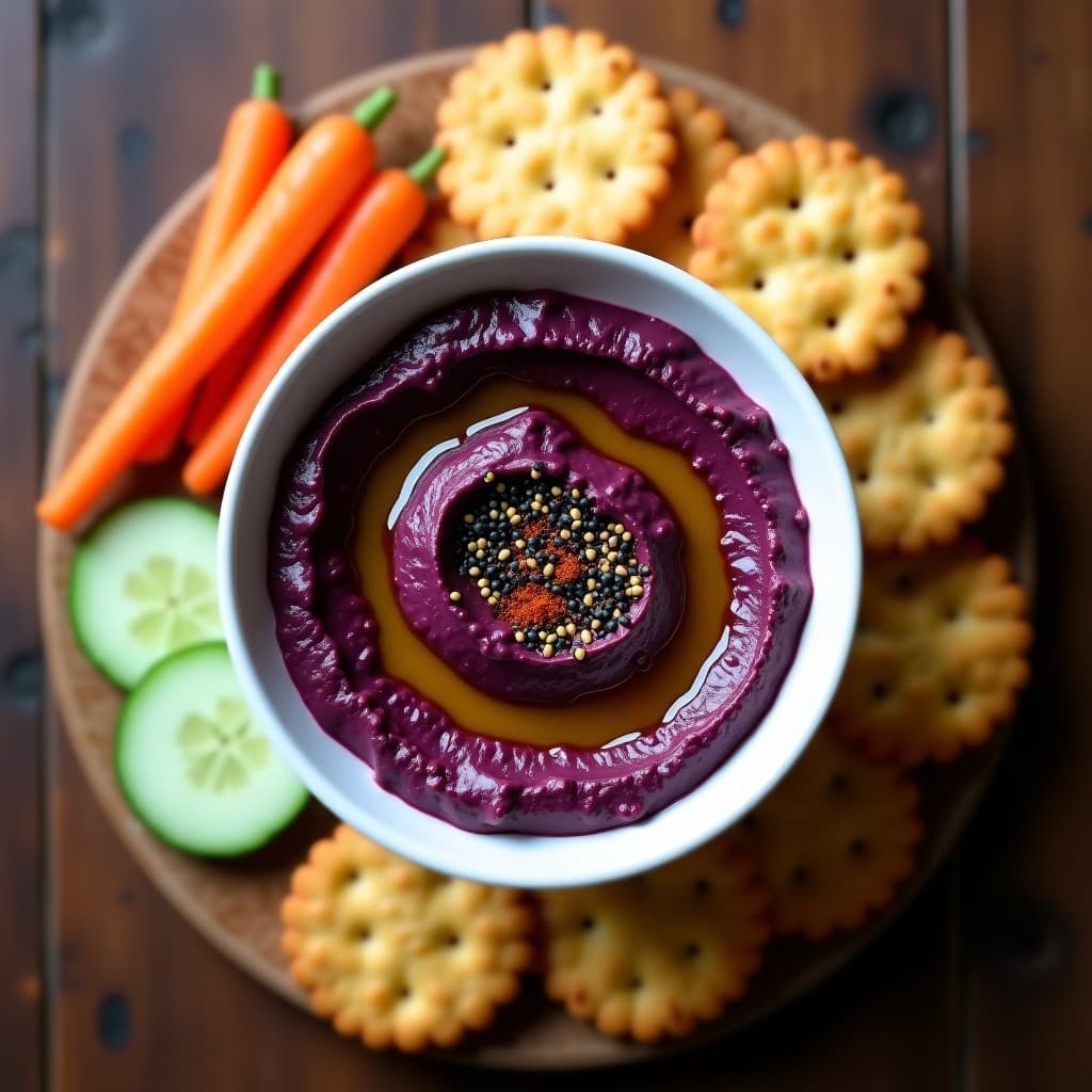 Bol de cerámica blanca con hummus de lentejas moradas de color violeta oscuro, decorado con crujiente de joja (semillas de sésamo negro brillantes) y un hilo de aceite de oliva. Acompañado de bastones de zanahoria y pan de maíz sin gluten sobre una tabla de madera rústica.