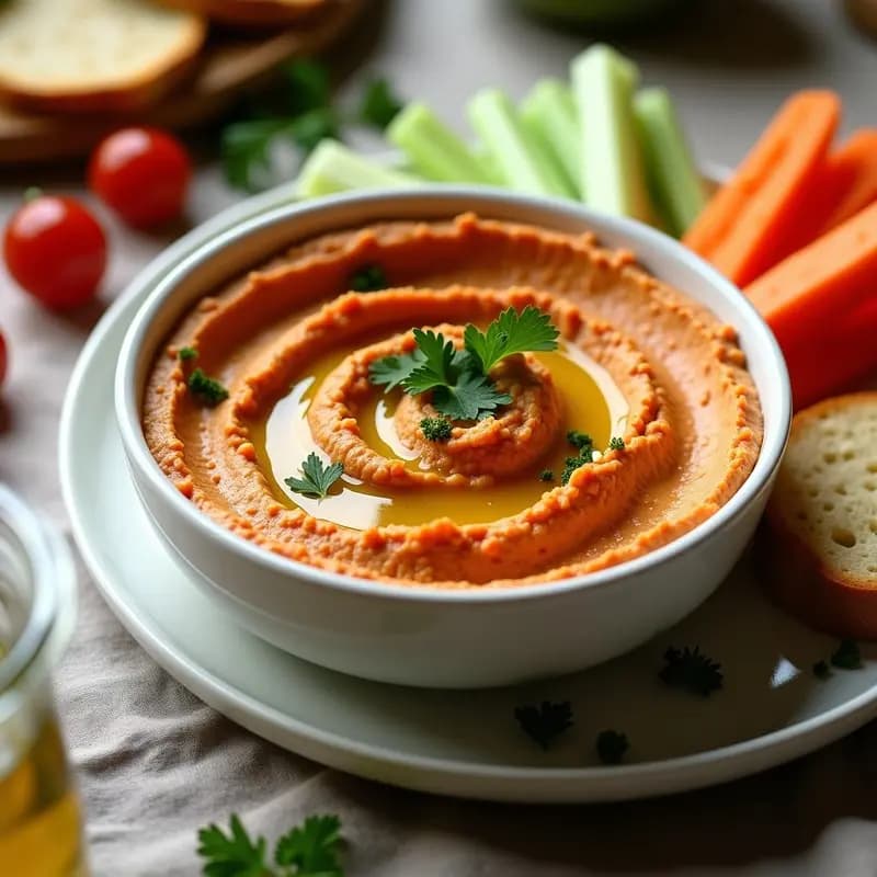 Bol de cerámica blanca con hummus de lentejas rojas cremoso, decorado con hilo de aceite de oliva virgen extra, perejil fresco picado y semillas de sésamo tostadas. Alrededor, bastones de zanahoria, apio y pan tostado. Fondos neutros con textura rústica, resaltando el color terroso del hummus y el rojo intenso del pimentón de la Vera espolvoreado.