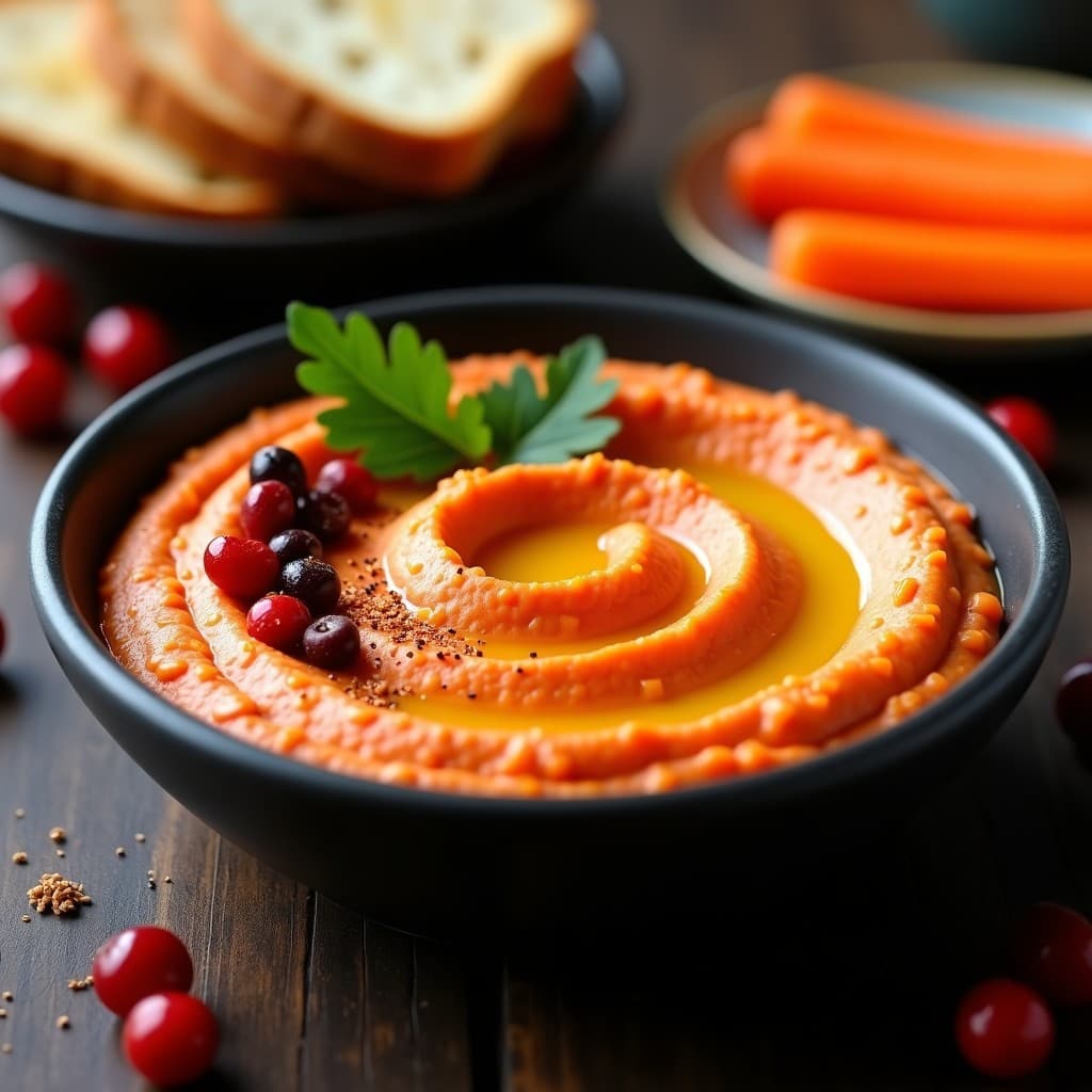 Hummus de lentejas rojas cremoso con vetas doradas de aceite de oliva, decorado con bayas de aucuba japónica troceadas y hojas de cilantro fresco, servido en un bol de cerámica negra con pan de centeno tostado al lado.
