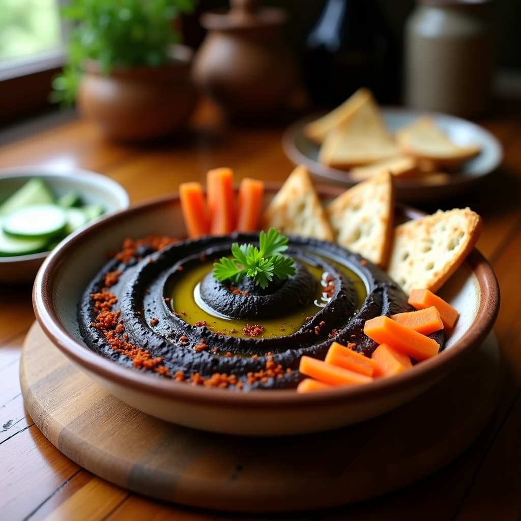 Bol de hummus negro cremoso con vetas de aceite de oliva, decorado con perejil fresco y pimentón ahumado, acompañado de pan de pita y zanahorias crudas.