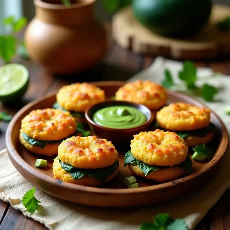 Humphries dorados y crujientes de plátano macho y espinacas sobre una bandeja de madera rústica, con anacardos visibles en el relleno. Acompañados de una salsa verde de cilantro y rodajas de limón.