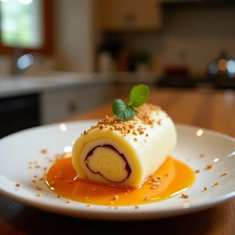 Plato blanco con Ice Cream Roll Tailandés enrollado, decorado con rodajas de mango fresco, coco rallado tostado y semillas de sésamo, sobre fondo de madera rústica con hojas de menta.