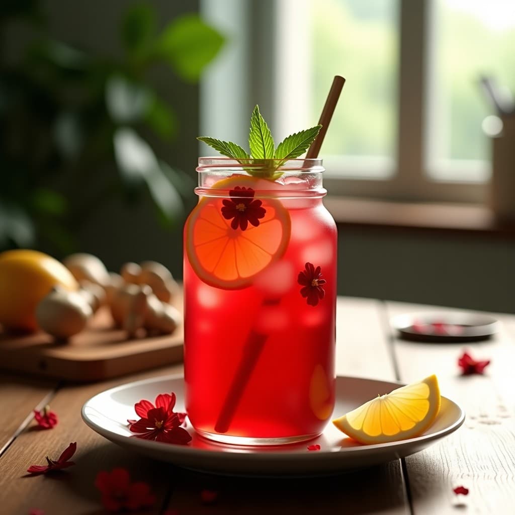 Jarra de vidrio transparente llena de infusión fría de hibisco y jengibre, con un color rojo intenso y rodajas de limón flotando. Vasos altos con hielo y ramitas de canela al lado, sobre una mesa de madera rústica con luz natural de verano.