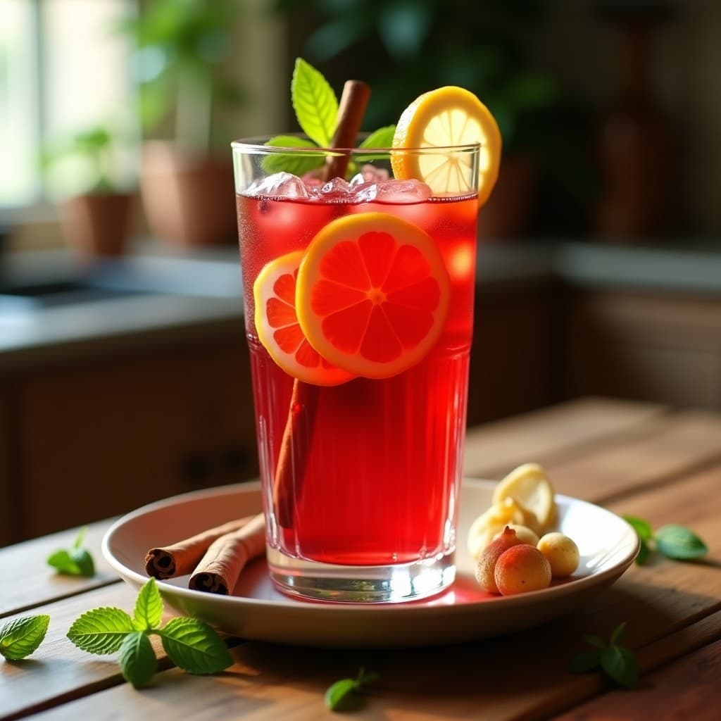 Vaso alto de cristal con infusión fría de hibisco de color rojo intenso, decorado con rodajas de limón, una rama de canela y trozos de jengibre fresco. Fondo con hojas de menta y luz natural suave, resaltando los tonos vibrantes de la bebida detox.