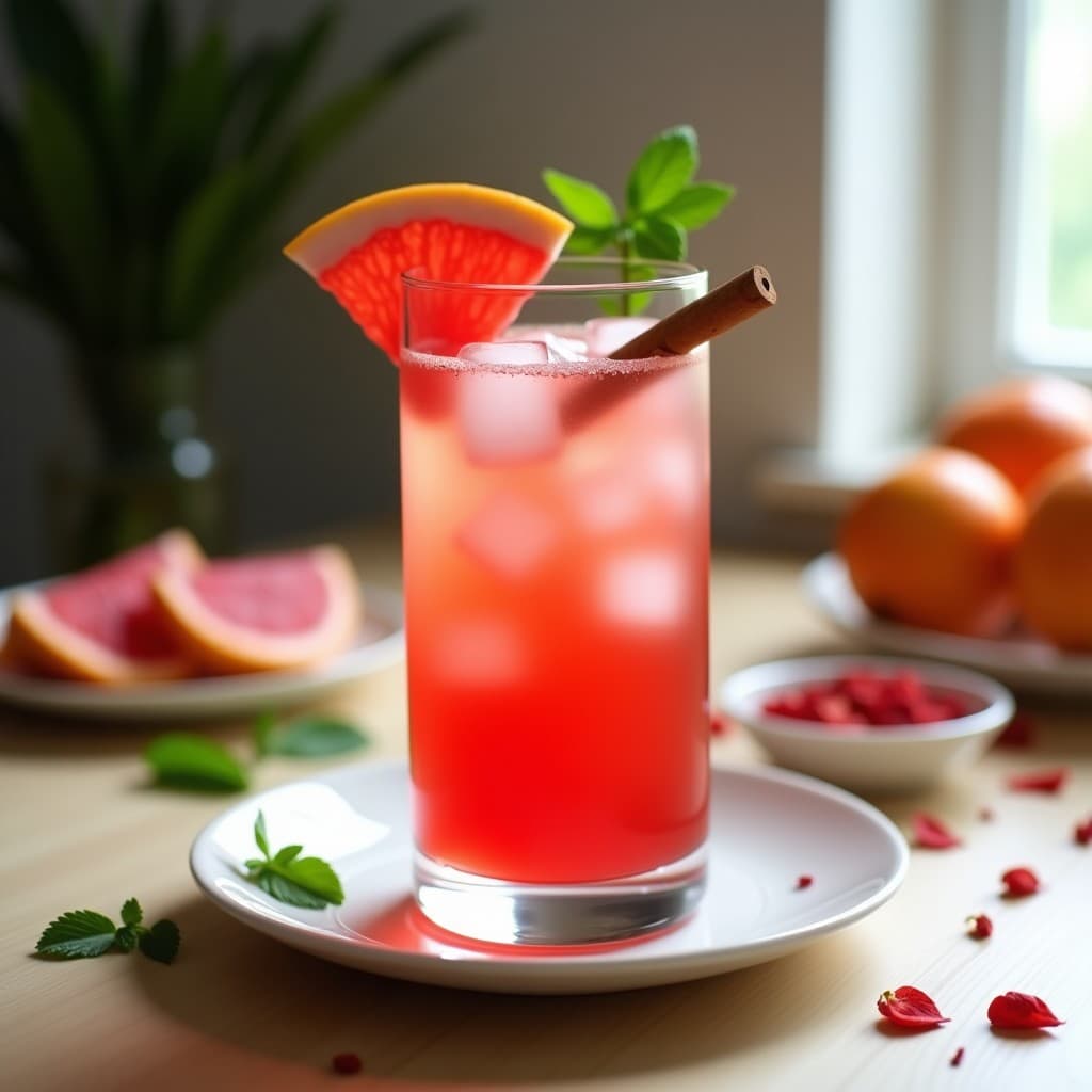 Vaso alto transparente con infusión de hibisco y pomelo con canela, decorado con una rama de canela y rodajas de pomelo rosa sobre hielo, fondo claro con hojas de menta.