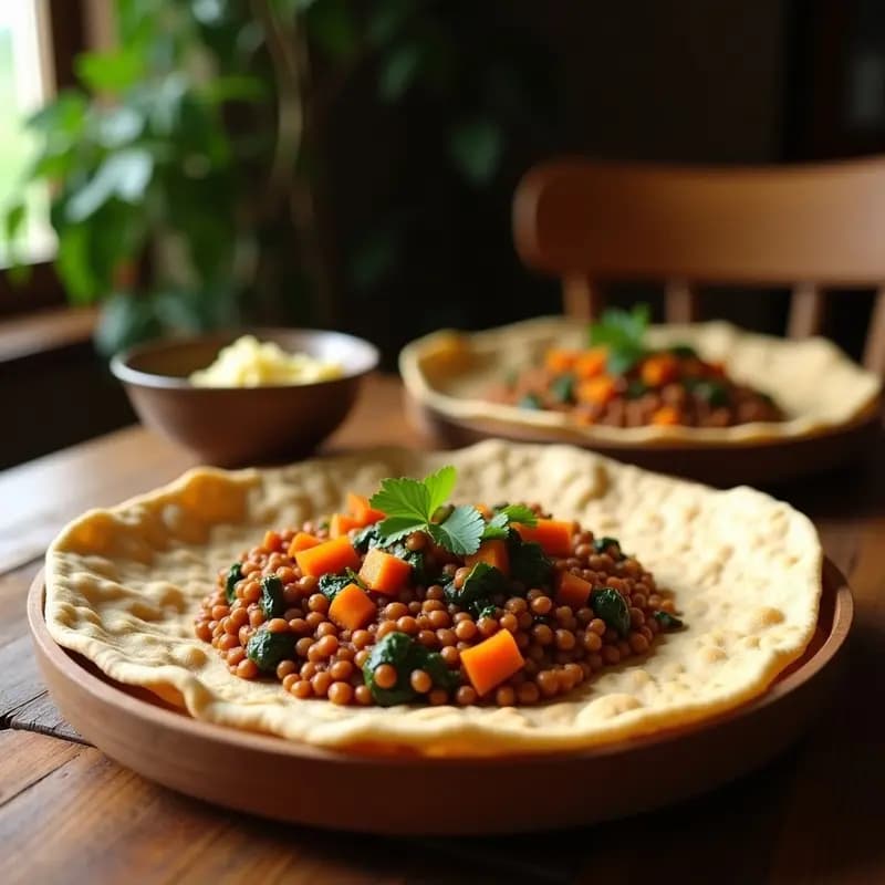 Plato tradicional etíope con injera esponjosa y porosa de color marrón claro, servida como base para un wat espeso de lentejas pardinas, calabaza butternut y espinacas, decorado con hierbas frescas y especias berbere. Receta vegana y fermentada naturalmente.