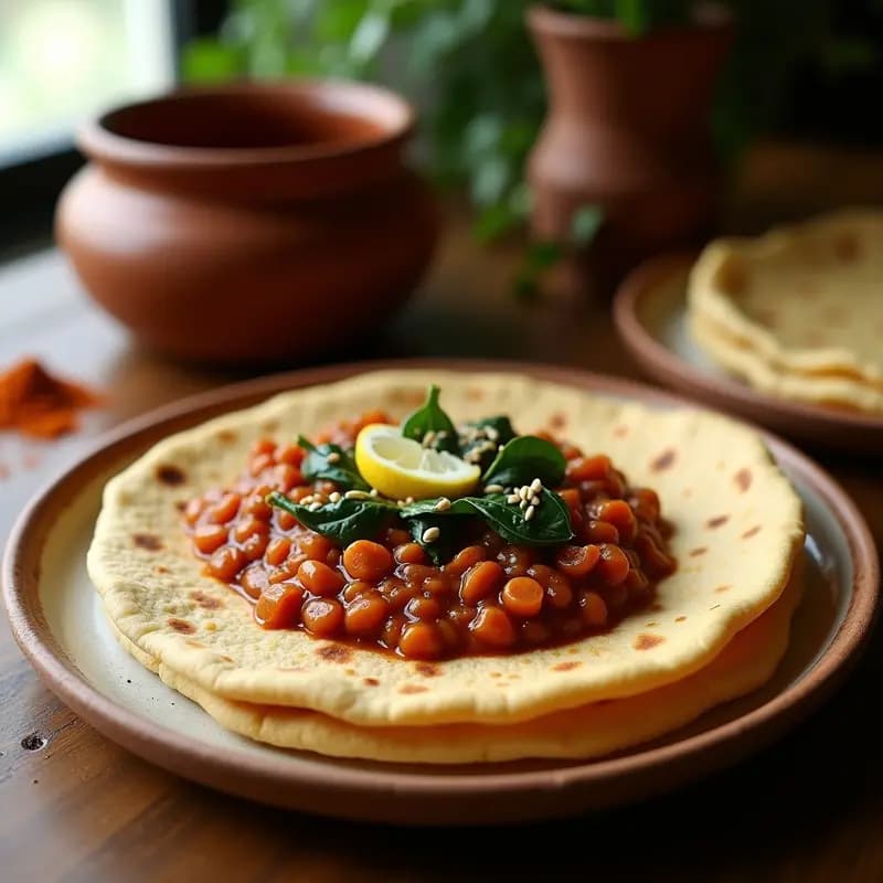 Plato tradicional etíope con injera esponjosa y fermentada, servida como base para un stew espeso de lentejas rojas y espinacas verdes, decorado con semillas de sésamo tostadas y un toque de limón. Receta vegana y sin gluten para compartir.