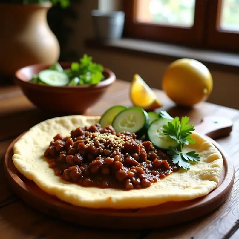 Plato tradicional etíope con injera fermentada de teff, lentejas berbere espesas y ensalada fresca de pepino y tomate cherry, decorado con cilantro.
