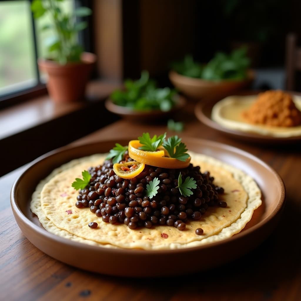 Plato tradicional etíope con injerá esponjosa de teff, toppings de lentiljas negras especiadas con berbere, cebolla morada caramelizada y cilantro fresco. Receta vegana y sin gluten.
