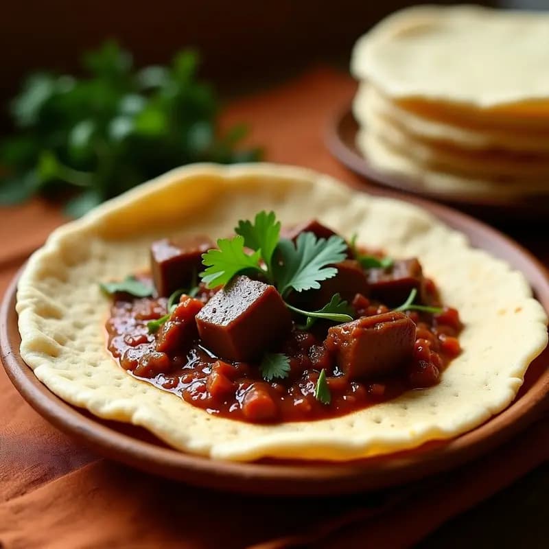 Plato tradicional etíope con injera de teff esponjosa y dorada, servida como base para un estofado de cordero oscuro y aromático con especias berbere, decorado con hojas de cilantro fresco. La injera muestra sus características burbujas y bordes ligeramente crujientes, mientras el estofado brilla con un toque de niter kibbeh.