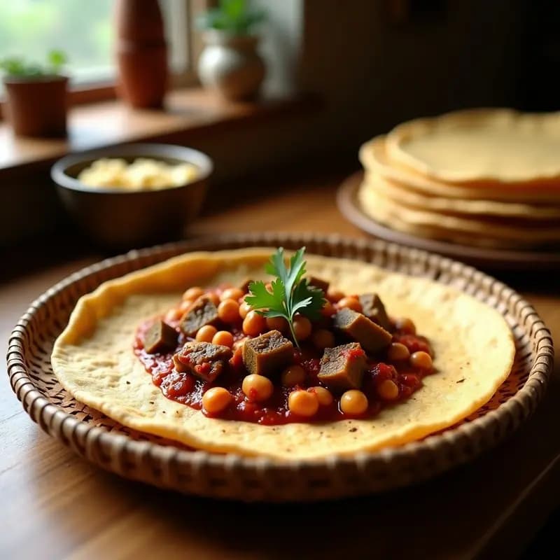 Plato tradicional etíope con injera de teff esponjosa y porosa, servida como base para un wat de garbanzos y berenjena en salsa espesa de color rojo oscuro, decorado con cilantro fresco y rodajas de limón. Receta vegana y fermentada.