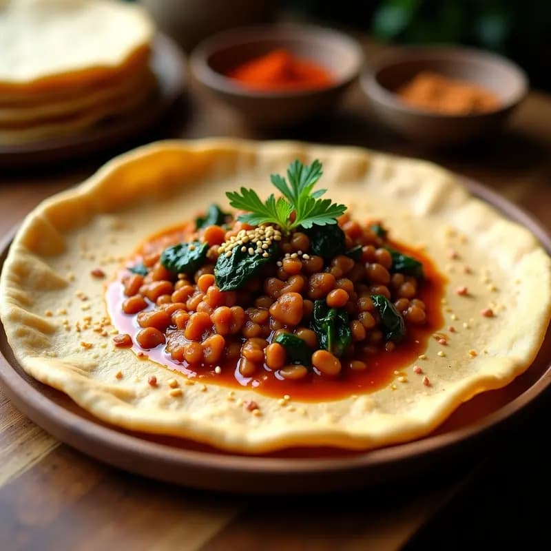 Plato tradicional etíope con injera de teff fermentada, base esponjosa y ligeramente ácida, cubierta por un wat espeso de lentejas rojas con especias berbere, espinacas y semillas de sésamo tostadas. Receta vegana, sin gluten y picante.