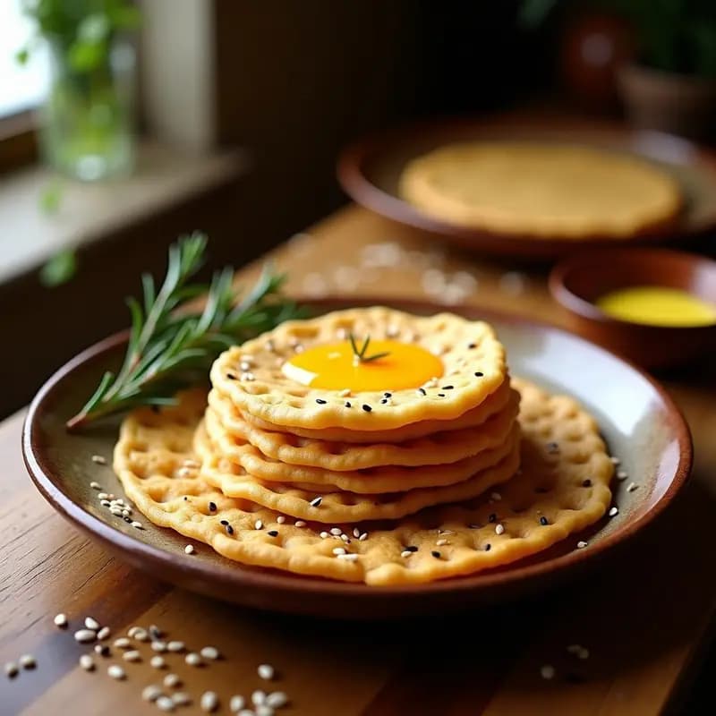 Pila de injeras de teff doradas y esponjosas, con poros característicos, servidas en un plato de barro con mantequilla de especias derretida y semillas de sésamo. Receta de pan etíope sin gluten y fermentado.