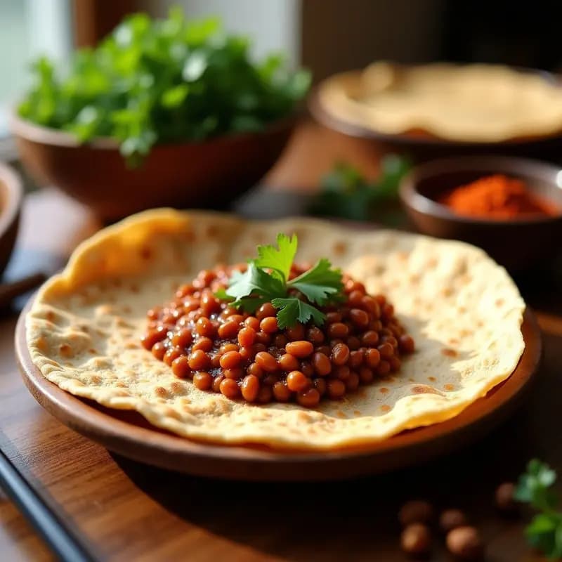 Plato tradicional etíope con injeras de teff fermentadas, crepes esponjosas y porosas de color marrón claro, servidas con un watt de lentejas rojas espeso y oscuro, especiado con berbere. Decorado con cilantro fresco y un toque de mezcla de especias berbere al lado.