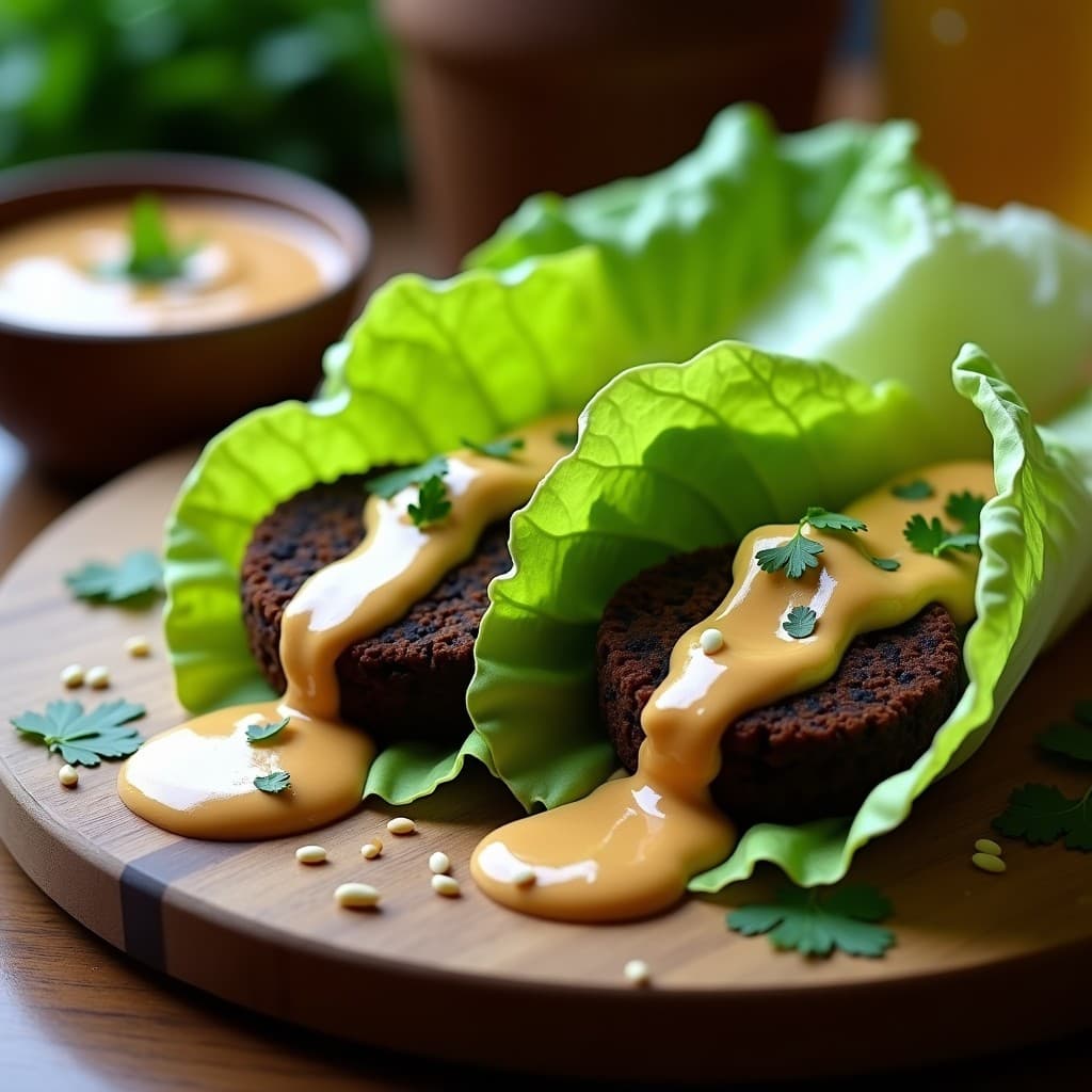 Involucros de lechuga romana rellenos de falafel crudivegano de garbanzo negro, bañados en salsa de tahini cremosa y decorados con semillas de sésamo tostadas. Plato fresco, colorido y listo en 10 minutos.
