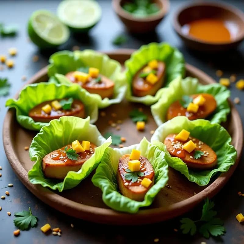 Plato de Involucros de Lechuga con Pollo al Satay y Mango: hojas de lechuga hoja de roble rellenas de tiras de pollo dorado con salsa de cacahuete, mango verde en juliana, cilantro fresco y semillas de sésamo tostadas, servidos en una bandeja de madera con rodajas de limón kaffir.