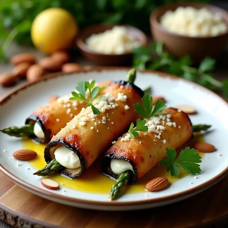 Involutini de berenjena rellenos de ricotta y espárragos trigueros, dorados y crujientes, servidos en un plato blanco rústico con almendras fileteadas y perejil fresco, aperitivo siciliano en Airfryer.