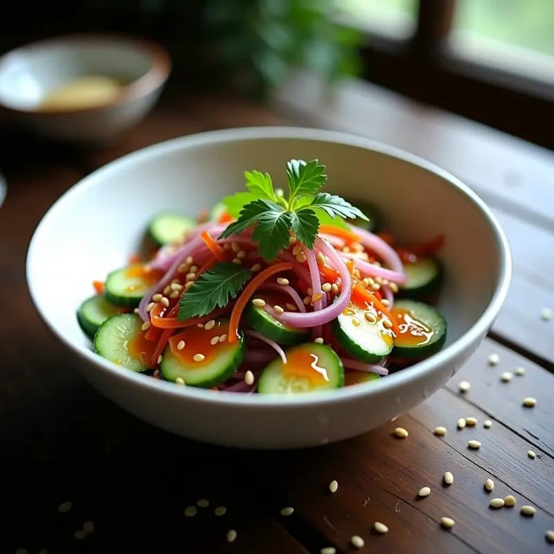 Ensalada jajik coreana con rodajas finas de pepino persa, cebolla morada en juliana y cilantro fresco, bañada en un aderezo rojo picante de gochujang, decorada con semillas de sésamo blanco y servida en un bol de cerámica tradicional coreano sobre una mesa de madera.