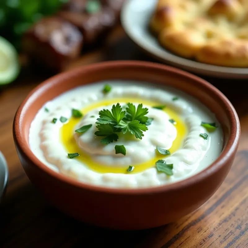 Bol de barro rústico con jajik georgiano cremoso, decorado con hojas de cilantro fresco y rodajas de pepino persa. Al fondo, trozos de carne a la parrilla y pan de maíz georgiano. Imagen fresca y apetecible.