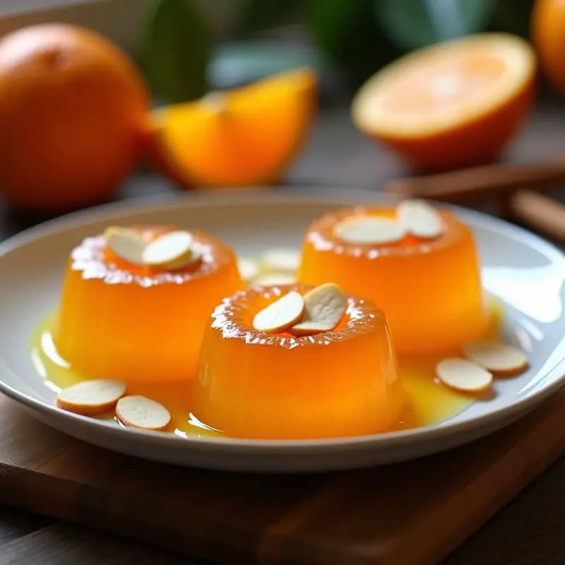 Plato transparente con porciones de jalea de chancaca y naranja, de color ámbar intenso, decorada con almendras fileteadas y rodajas finas de naranja. Postre colombiano tradicional sin azúcar refinado, servido sobre una mesa rústica de madera.