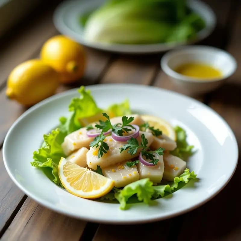 Plato blanco con jalea de pescado desmenuzado, bañada en vinagreta de limón y ajo, sobre hojas de lechuga romana. Decorado con gajos de limón, ramitas de hinojo y perejil fresco. Entrante portugués fresco y sin gluten.