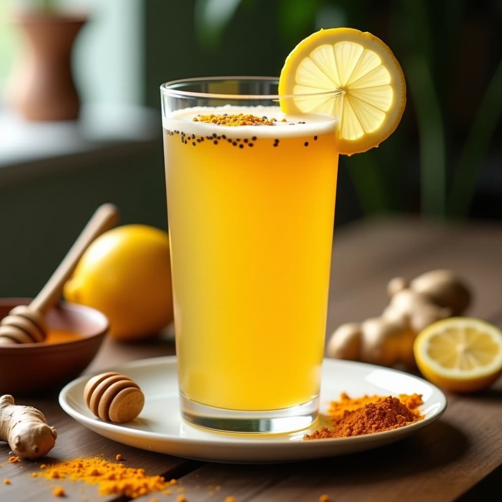 Vaso alto transparente con jalea real de limón y miel con jengibre, bebida energética y antiinflamatoria de color ambarino, decorada con rodaja de limón y una pizca de cúrcuma en polvo, sobre fondo de madera rústica con ingredientes al lado: jengibre fresco, miel y semillas de chía.