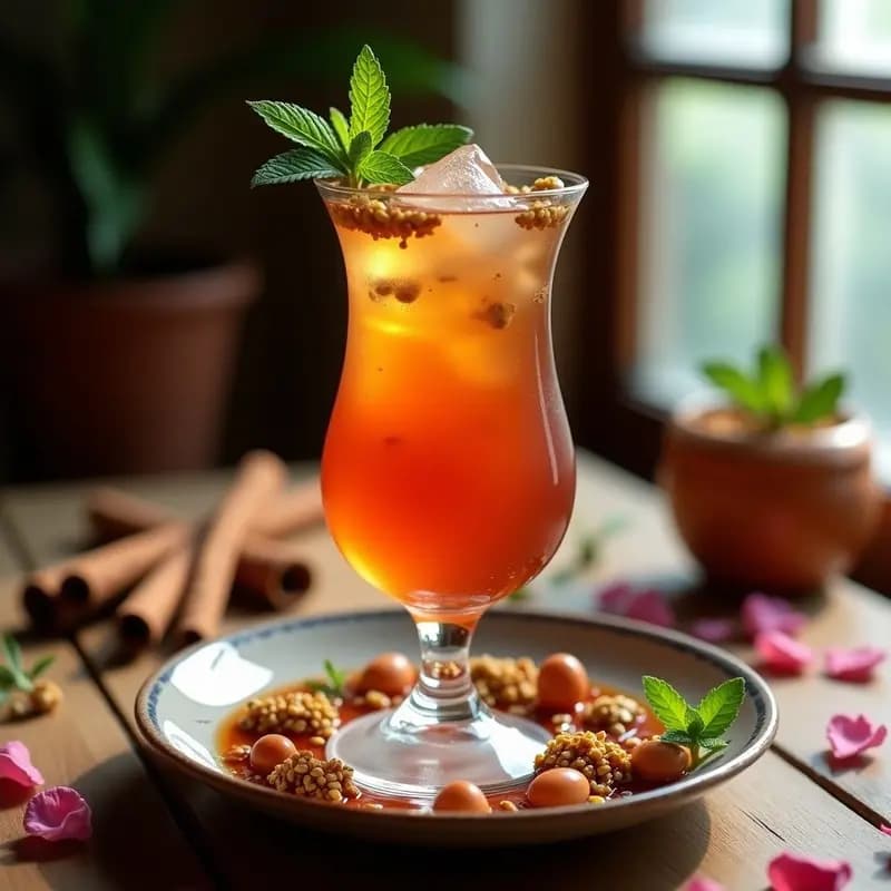 Vaso alto de cristal con Jallab Sirio, bebida tradicional siria de color ámbar oscuro, decorado con pistachos picados y hojas de menta fresca, con hielos flotando y un fondo borroso de especias y frutas secas.