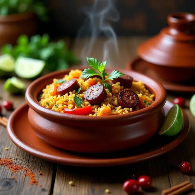 Olla de barro humeante con Jambalaya de Salchichas de Sincelejo y Arroz Basmati, rodeada de rodajas de limón, cilantro fresco y trozos de pimiento rojo y verde. Plato colorido y picante típico colombiano.