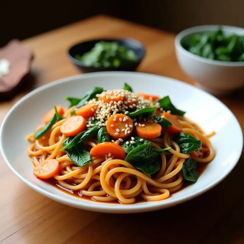 Plato colorido de Japchae coreano vegano con fideos de batata transparentes, espinacas verdes vibrantes, zanahoria naranja en juliana y semillas de sésamo blanco, servido en un bol de cerámica tradicional.
